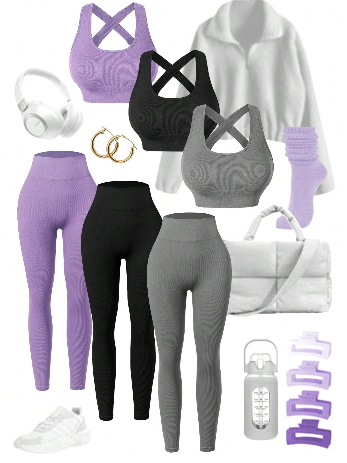 Sport Studio Women's Solid Color Ribbed & Slim Fit Yoga Sportswear Set