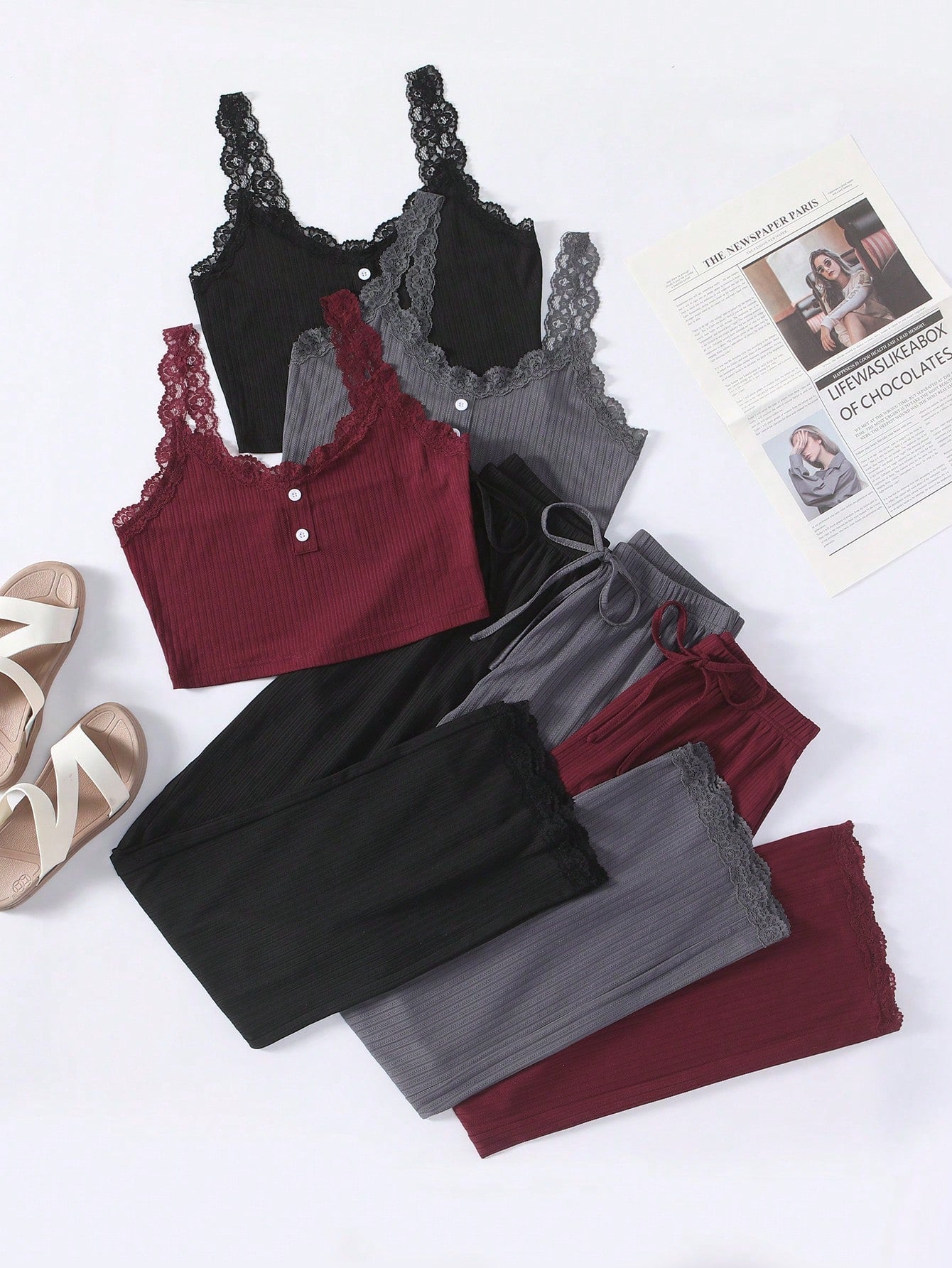 3pcs Women Lace Trim Top And Shorts Pajama Set