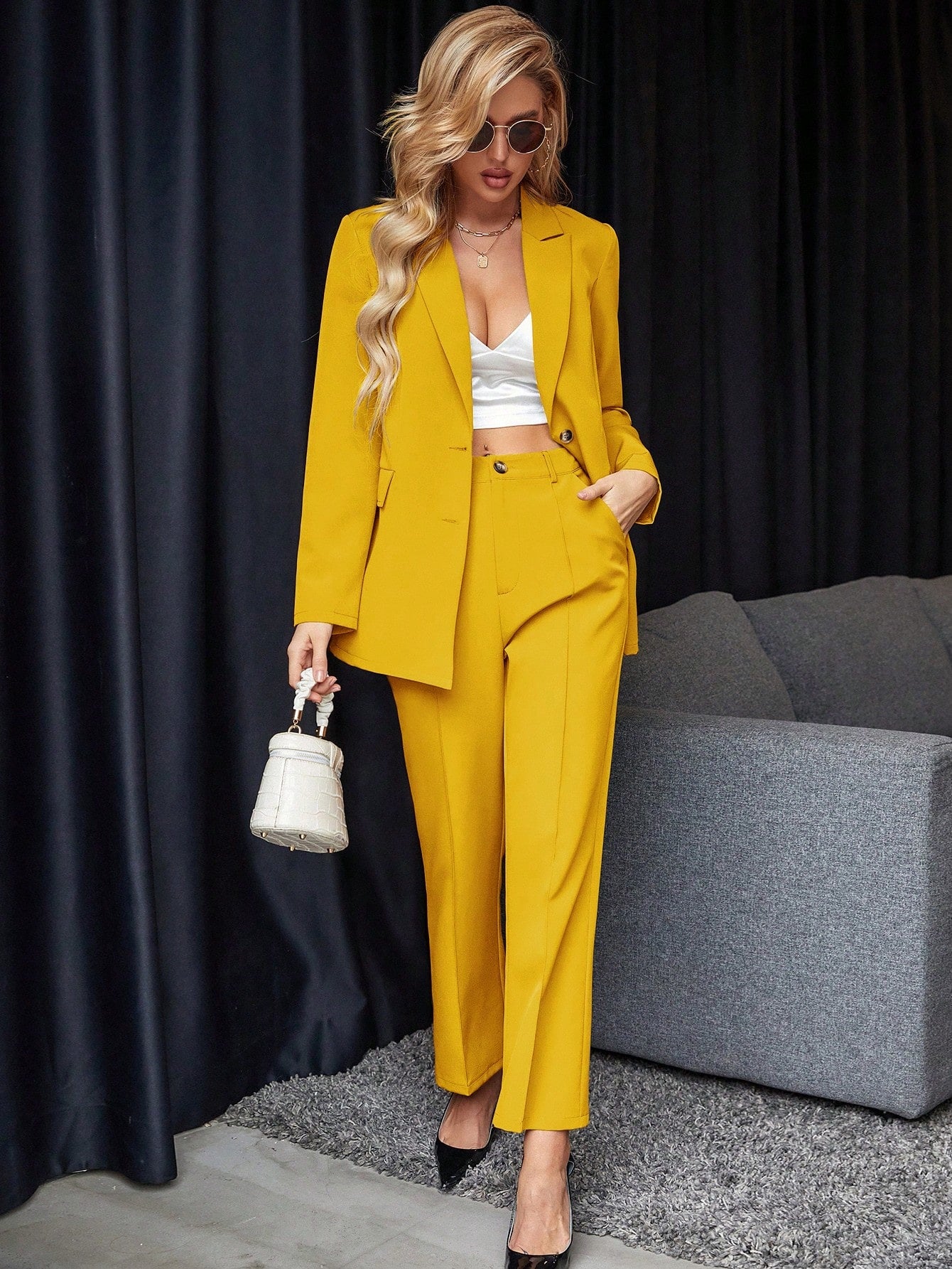 Raffinéa Women's Solid Color Long Sleeve Blazer Jacket With Notched Lapel And Trousers Suit Set