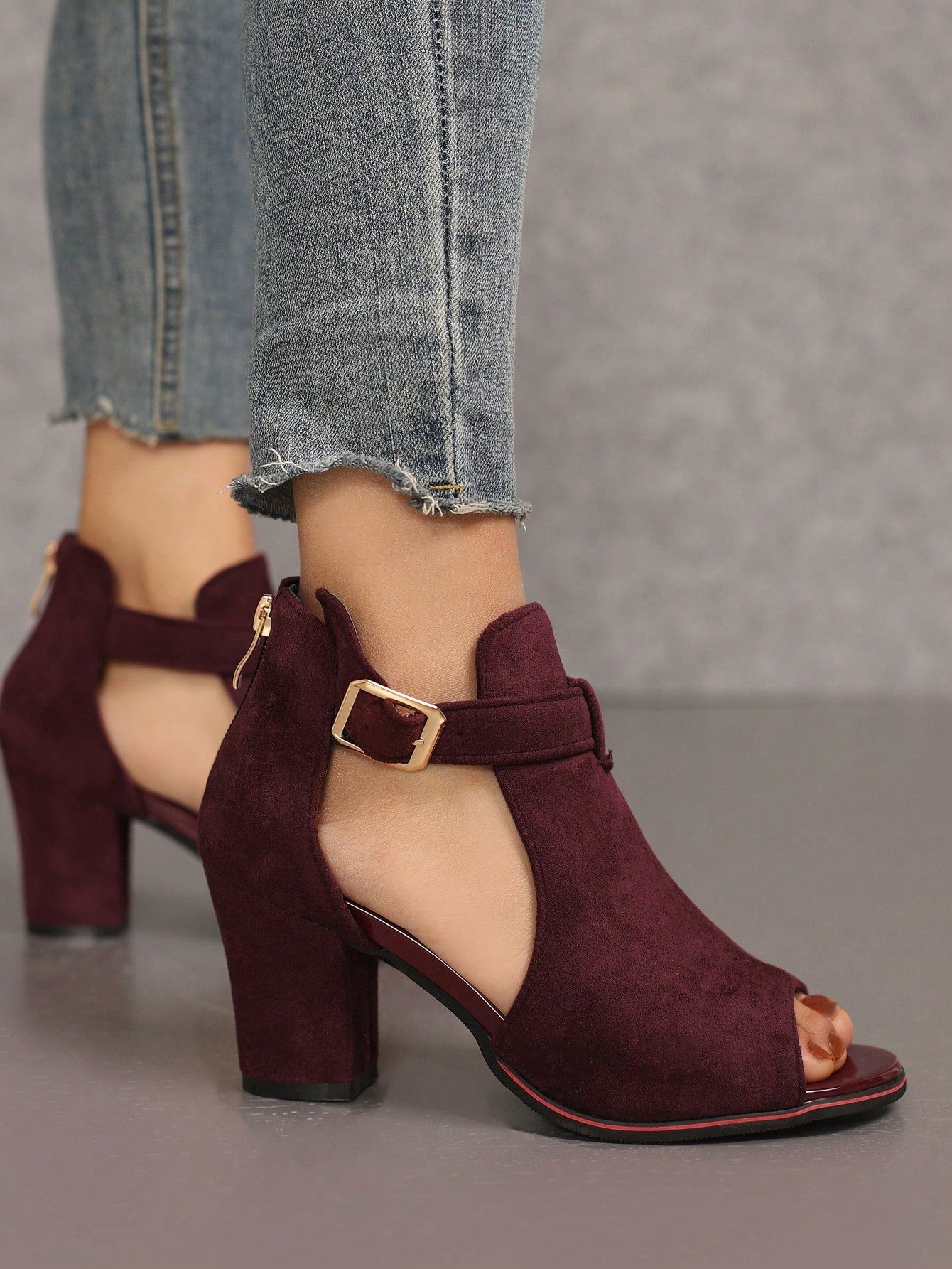 High-Heeled Sandals, Burgundy Red Suede Strap Buckled Women's Shoes