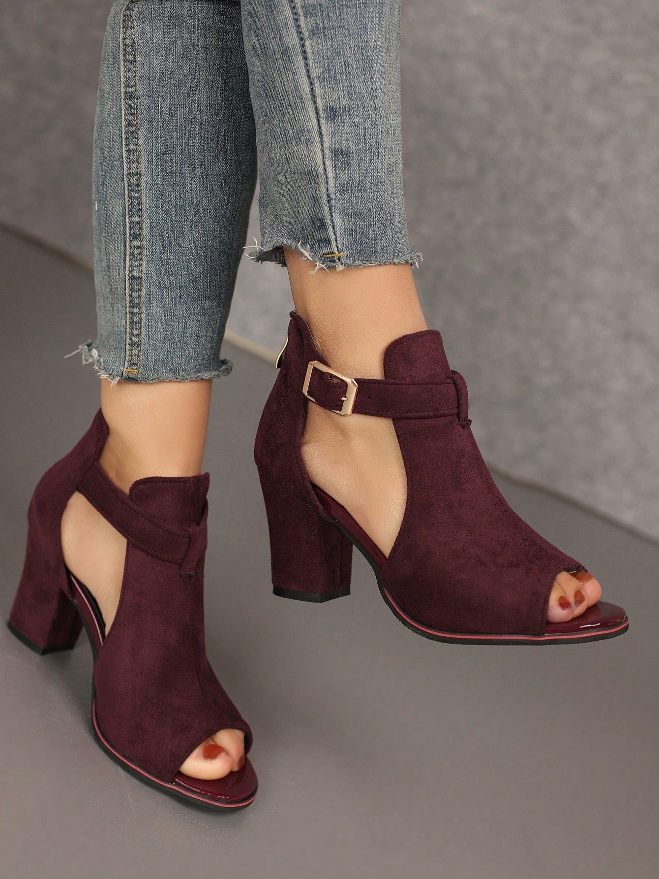 High-Heeled Sandals, Burgundy Red Suede Strap Buckled Women's Shoes
