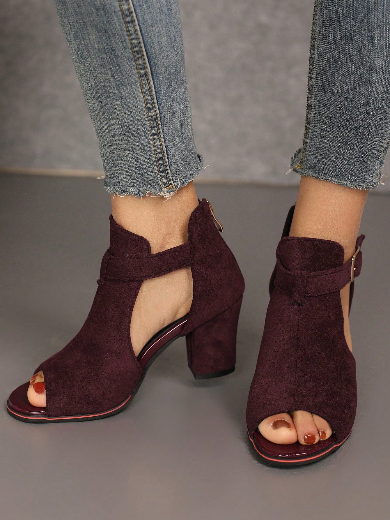 High-Heeled Sandals, Burgundy Red Suede Strap Buckled Women's Shoes