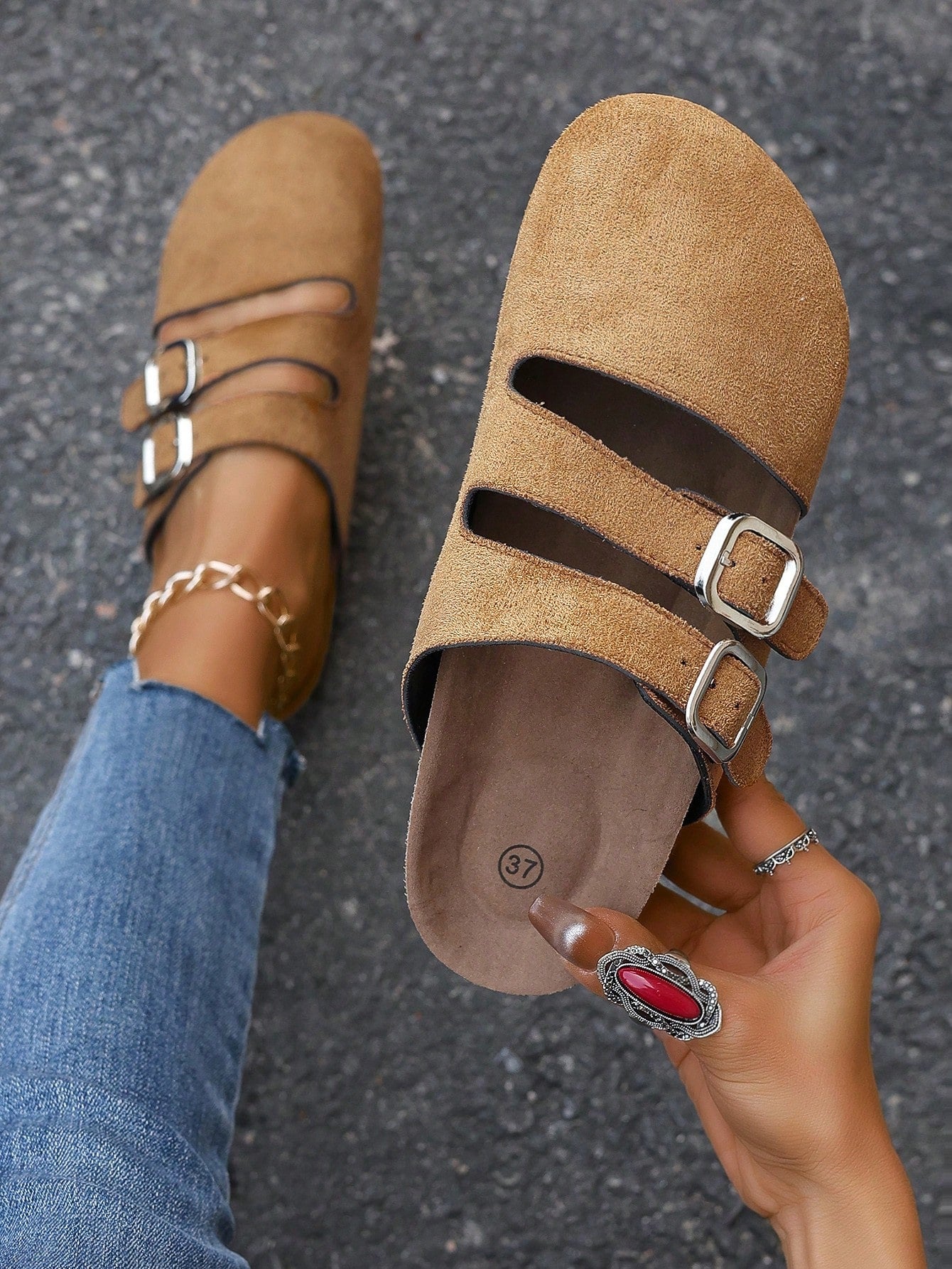 Striped Head Wrap Flat Slide Sandals, Round Toe With Tassel Buckle Closure, Women