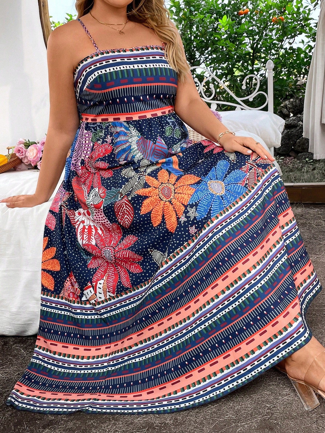 SunnyBelle Plus Size Geometric Floral Printed Strappy Dress Maxi Vacation Beach Outfits Women
