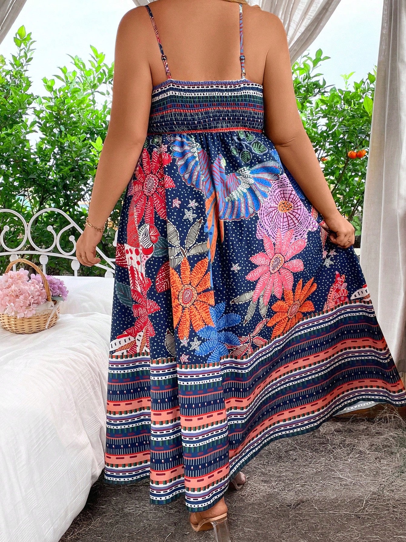 SunnyBelle Plus Size Geometric Floral Printed Strappy Dress Maxi Vacation Beach Outfits Women