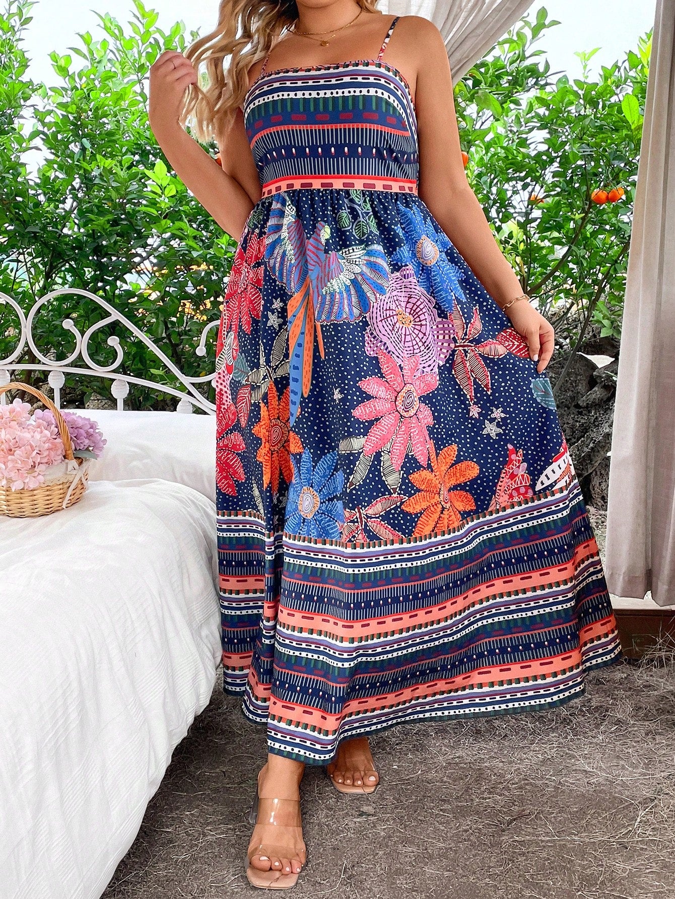 SunnyBelle Plus Size Geometric Floral Printed Strappy Dress Maxi Vacation Beach Outfits Women