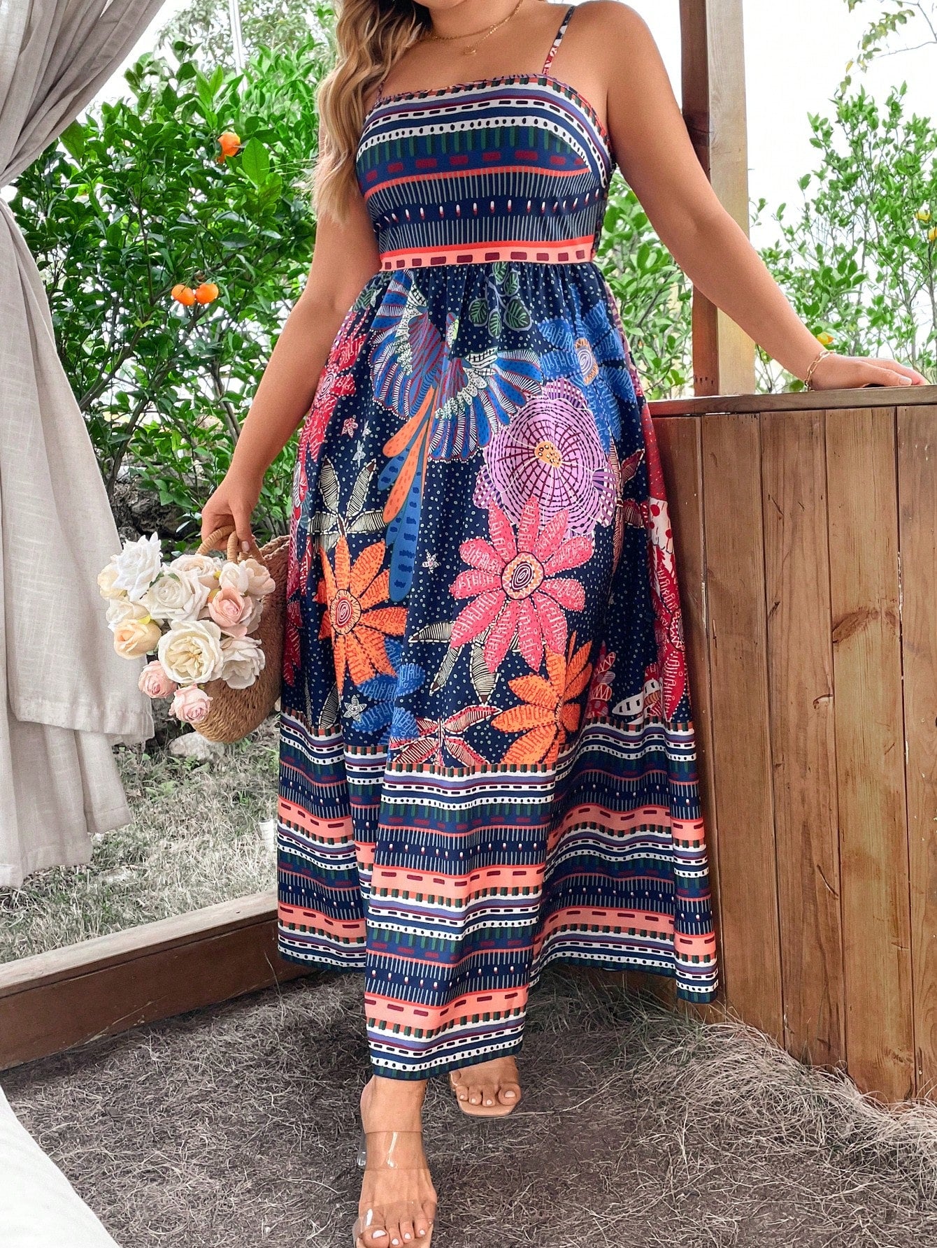 SunnyBelle Plus Size Geometric Floral Printed Strappy Dress Maxi Vacation Beach Outfits Women