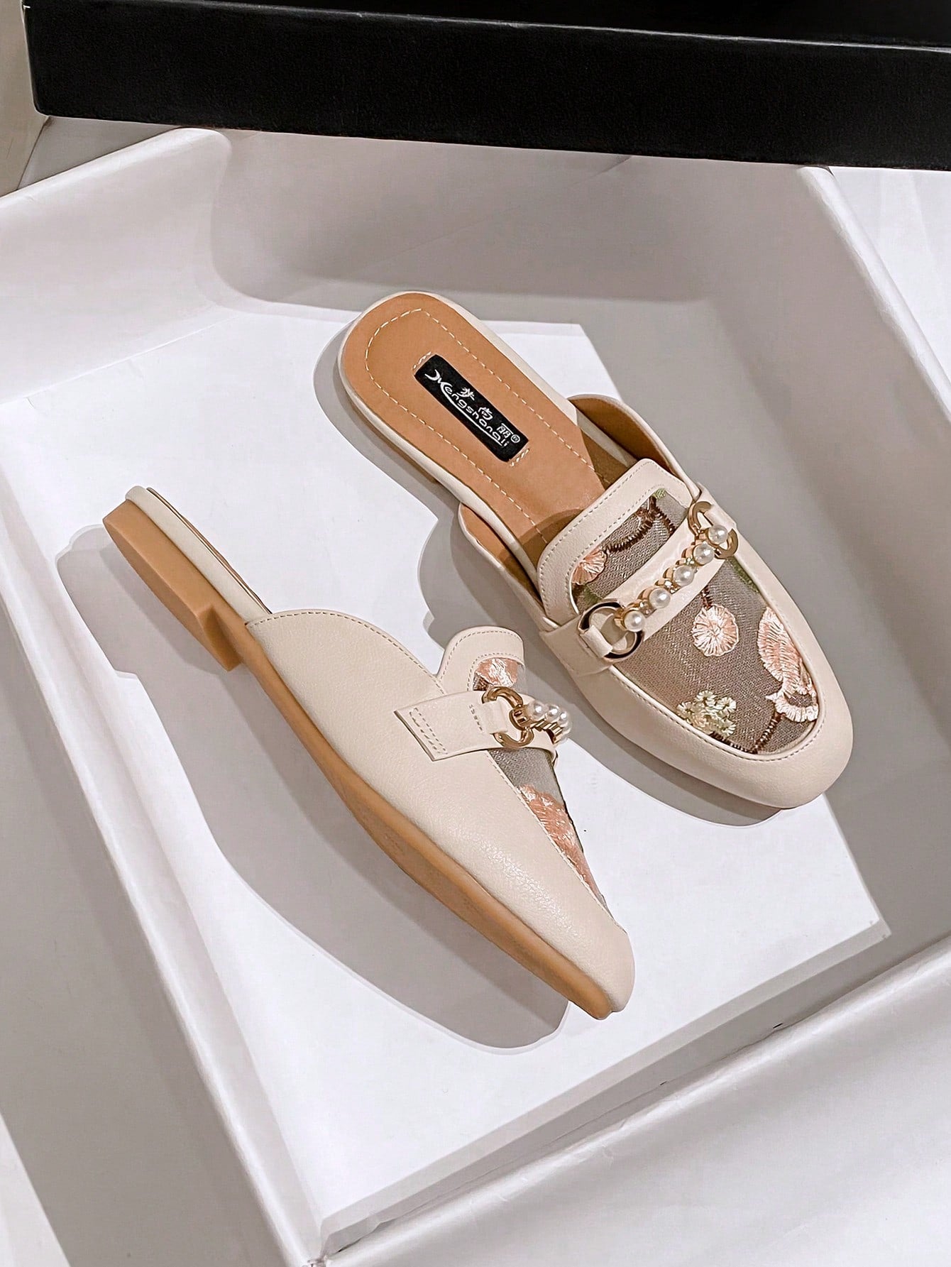 Women's Fisherman Mules Shoes, Combination Of Mesh And Transparent Net Yarn Design, Flat Heel, Square Toe