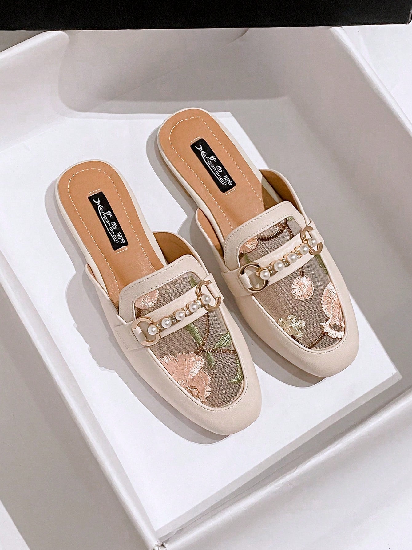 Women's Fisherman Mules Shoes, Combination Of Mesh And Transparent Net Yarn Design, Flat Heel, Square Toe