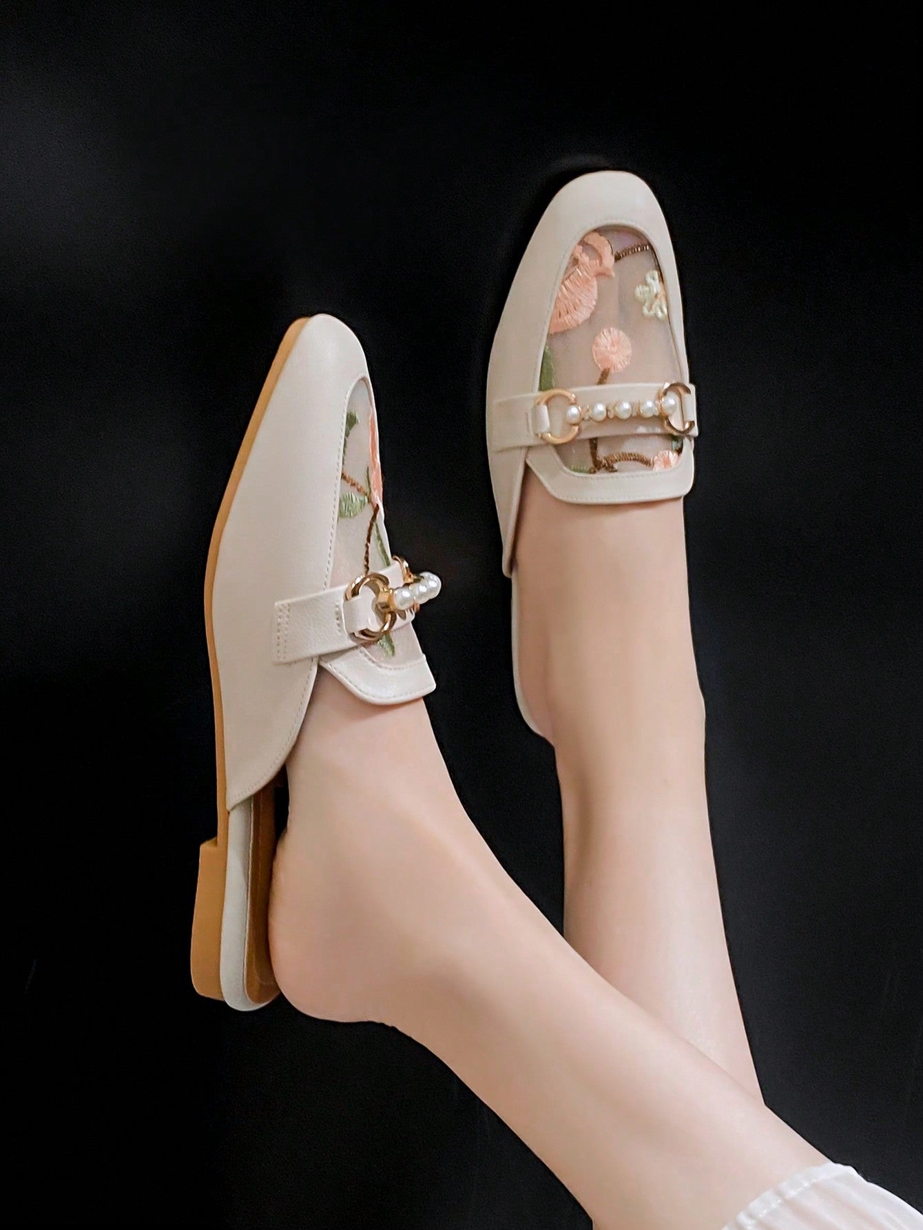 Women's Fisherman Mules Shoes, Combination Of Mesh And Transparent Net Yarn Design, Flat Heel, Square Toe