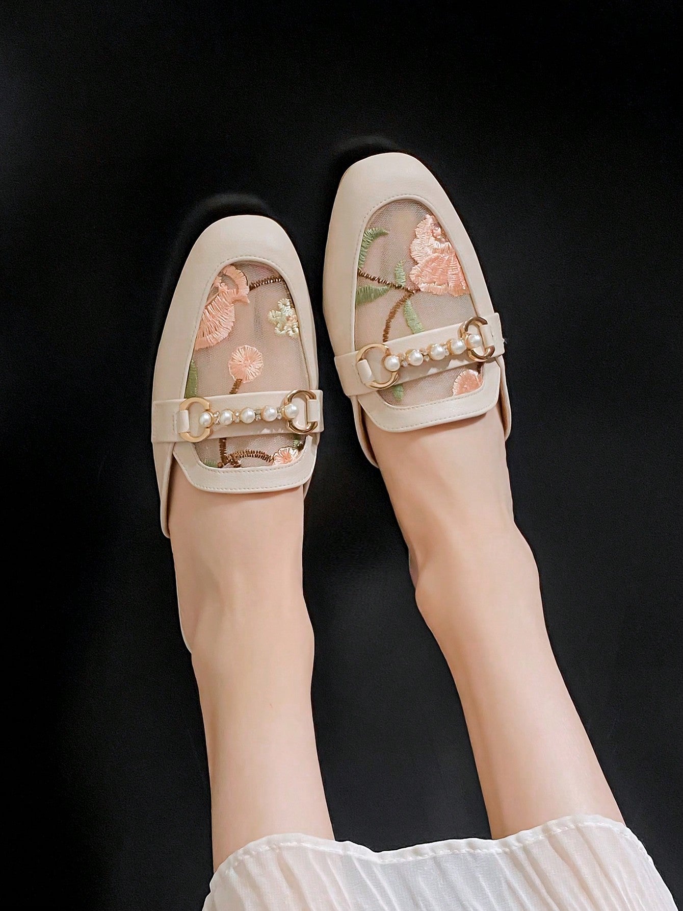 Women's Fisherman Mules Shoes, Combination Of Mesh And Transparent Net Yarn Design, Flat Heel, Square Toe