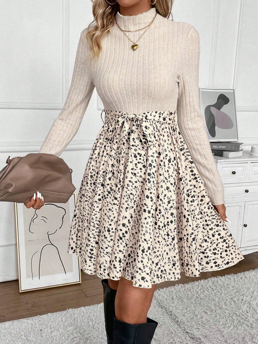 Frenchy Ditsy Floral Print Mock Neck Belted Bottom&Top Two Tone A Line Floral Print Dress