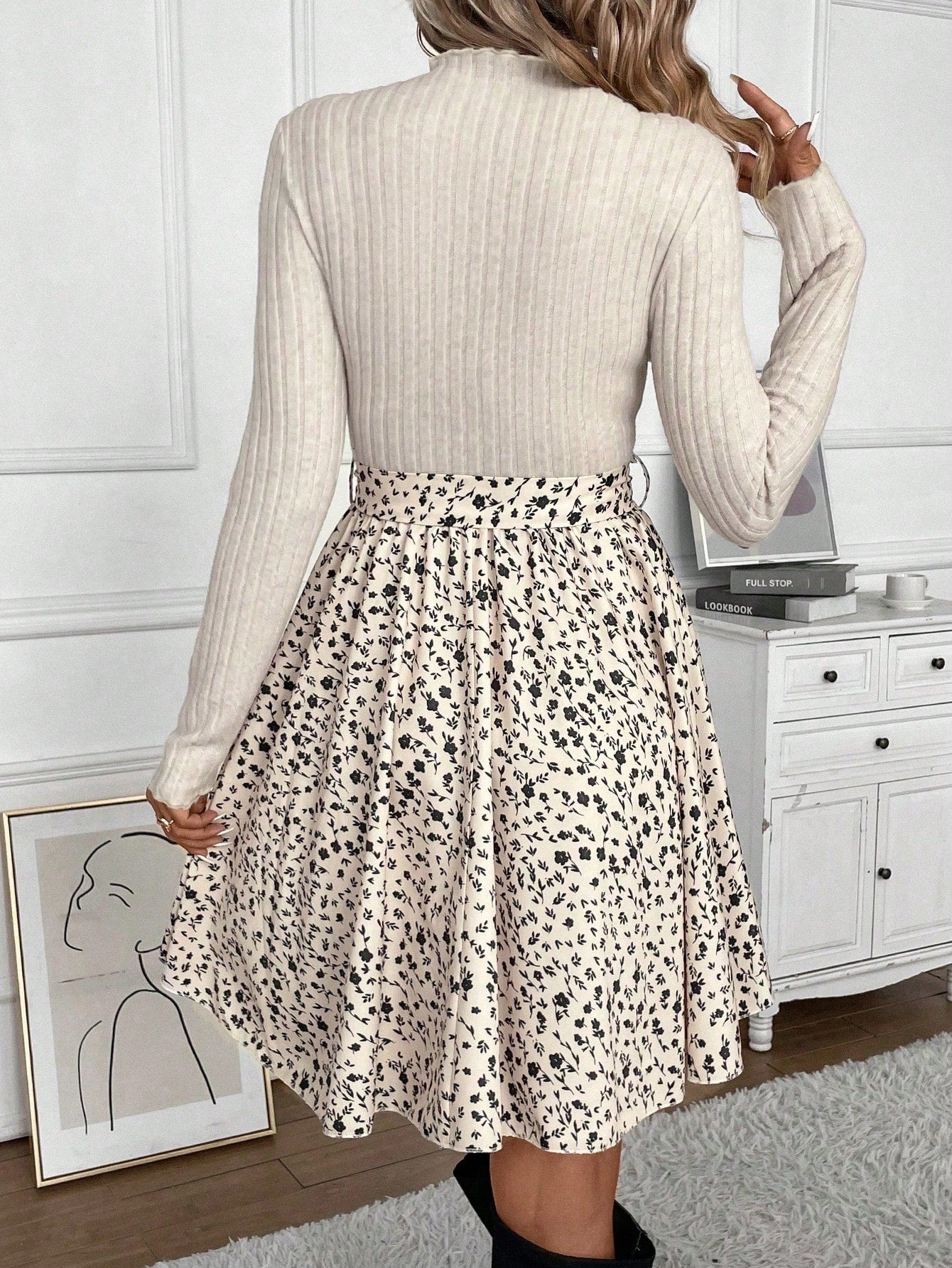 Frenchy Ditsy Floral Print Mock Neck Belted Bottom&Top Two Tone A Line Floral Print Dress