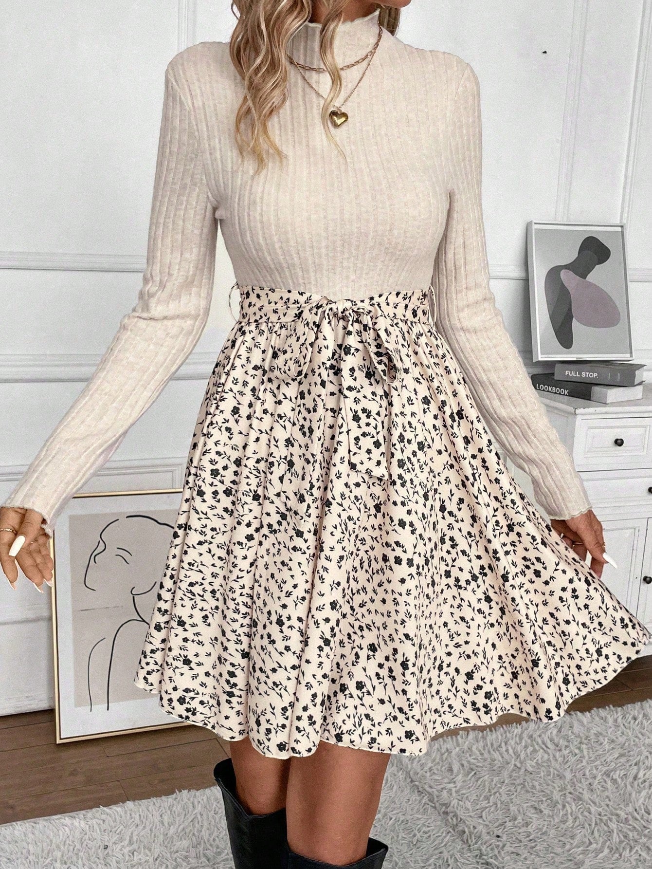 Frenchy Ditsy Floral Print Mock Neck Belted Bottom&Top Two Tone A Line Floral Print Dress