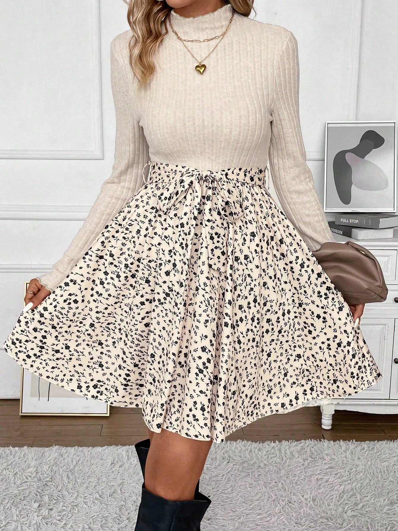 Frenchy Ditsy Floral Print Mock Neck Belted Bottom&Top Two Tone A Line Floral Print Dress