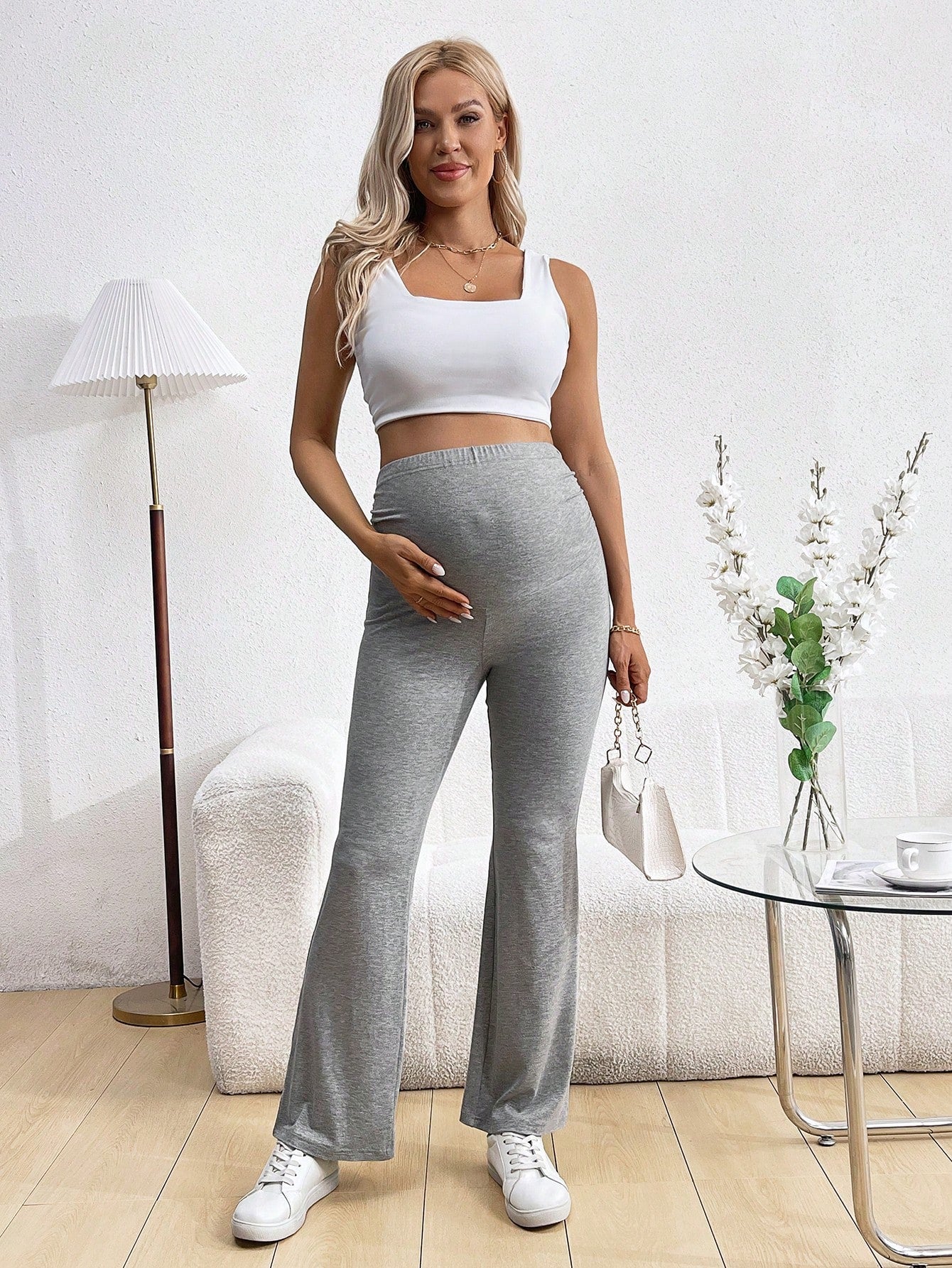 Maternity Solid Color Adjustable Waist Flare Pants