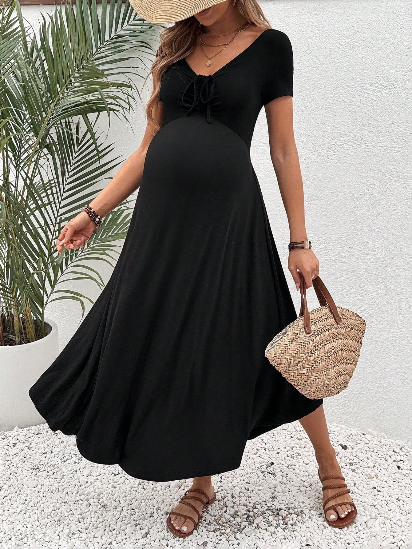 Maternity Casual Long Solid Color High-Waist Dress For Vacation