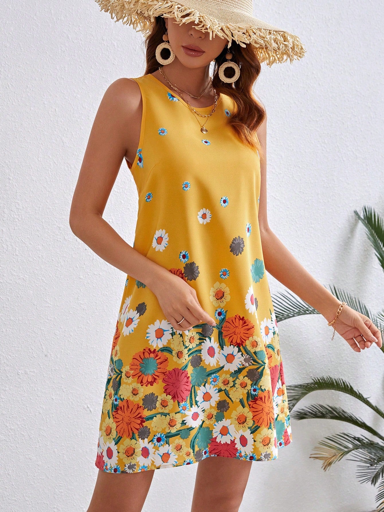 VCAY Women's Positioning Flower Printed Sleeveless Dress