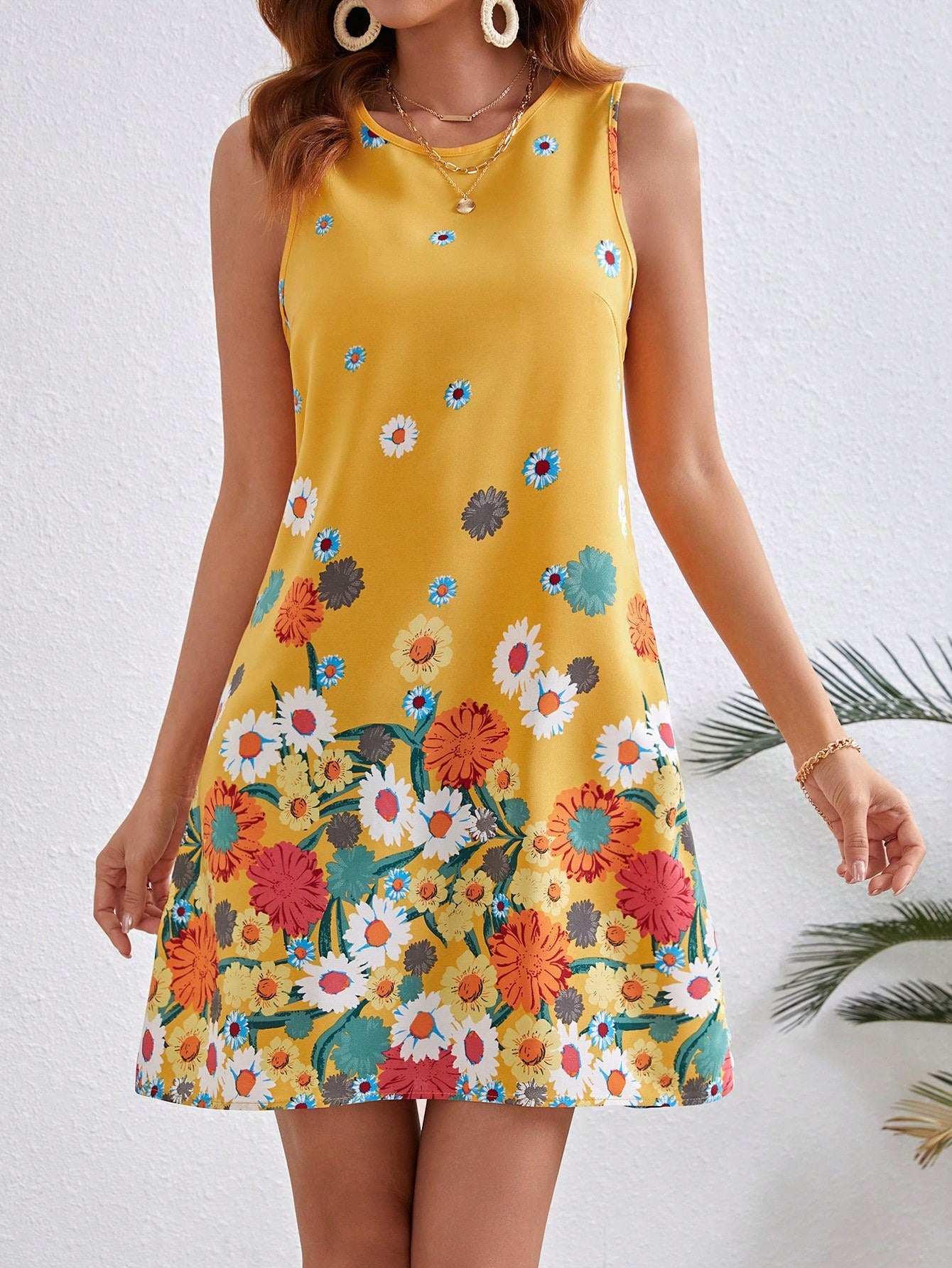 VCAY Women's Positioning Flower Printed Sleeveless Dress