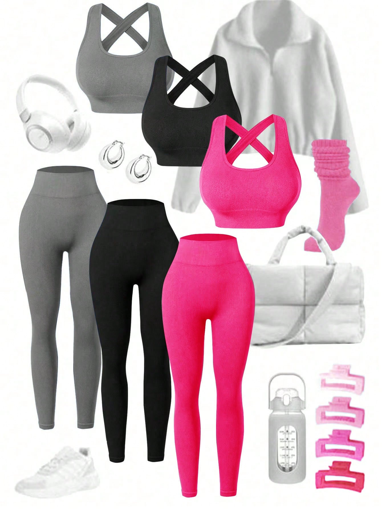 Sport Studio Women's Solid Color Ribbed & Slim Fit Yoga Sportswear Set