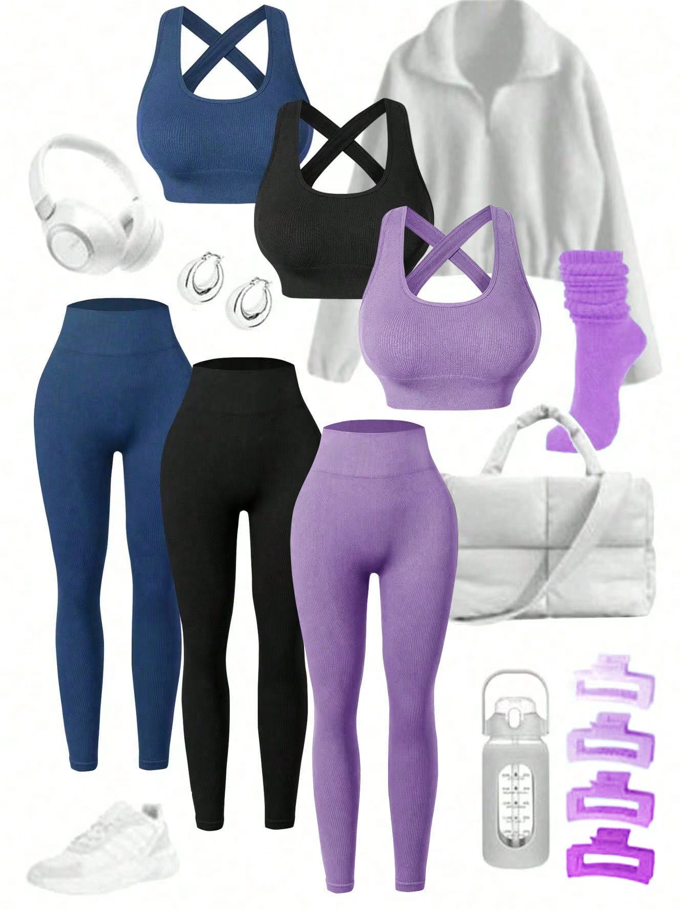 Sport Studio Women's Solid Color Ribbed & Slim Fit Yoga Sportswear Set