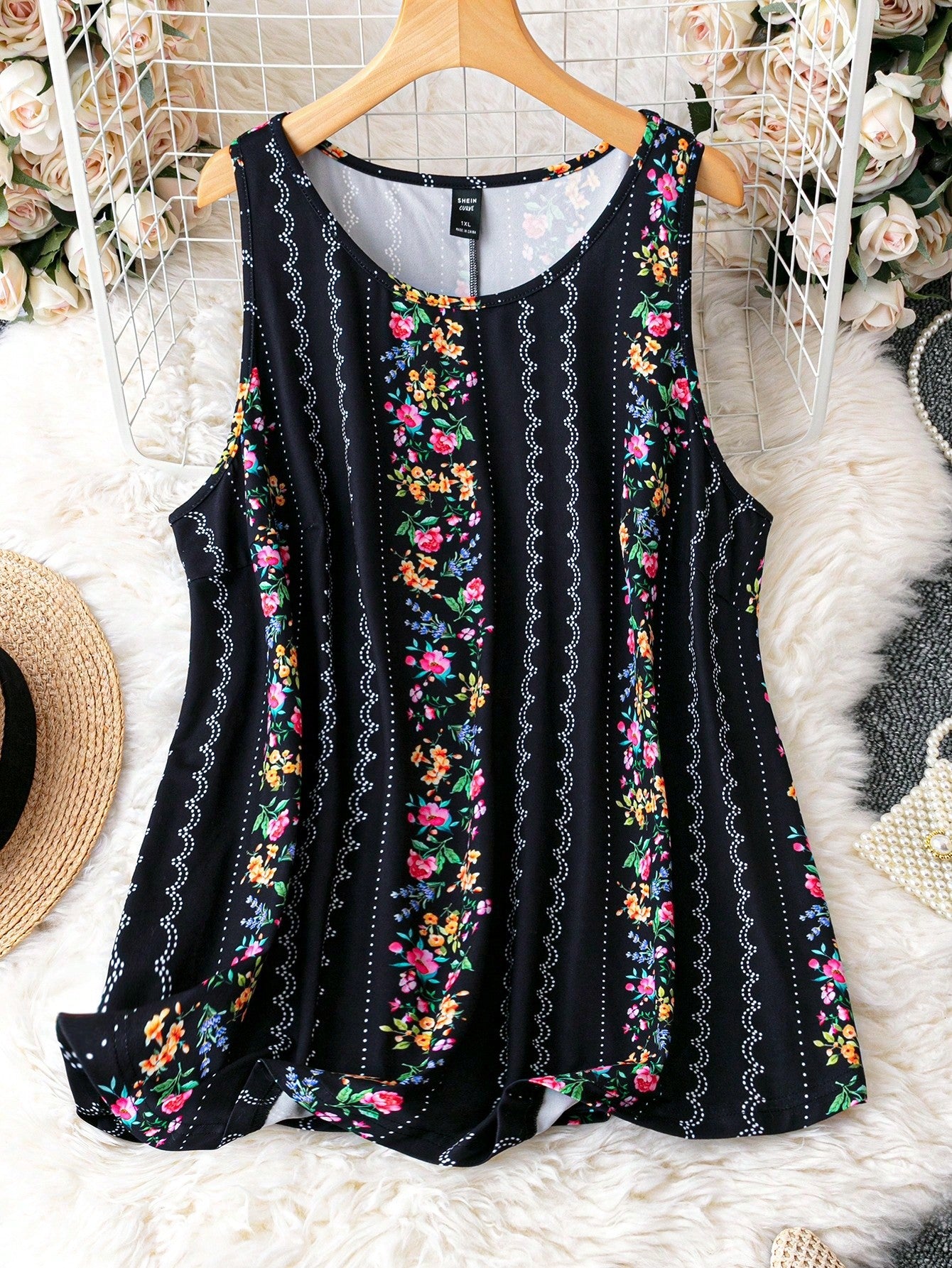 Holidaya Plus Size Flower Print Round Neck Summer Casual Tank Top Graphic Tees Women Tops