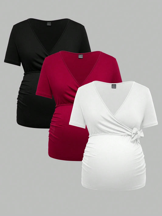 Modmama Maternity Summer Urban Leisure Nursing Apparel V-Neck Crisscross Front Short Sleeve Bodycon Pregnancy T-Shirt