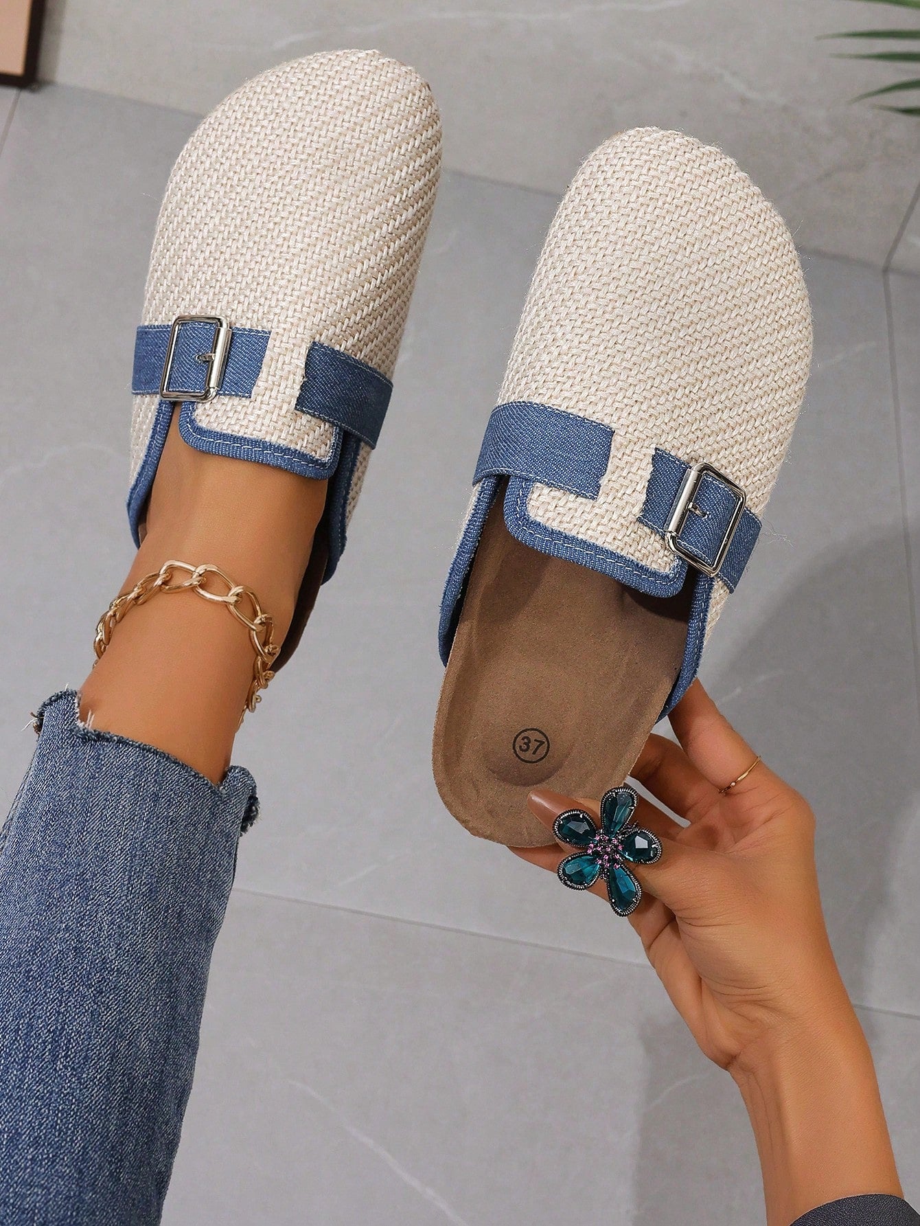 Striped Head Wrap Flat Slide Sandals, Round Toe With Tassel Buckle Closure, Women