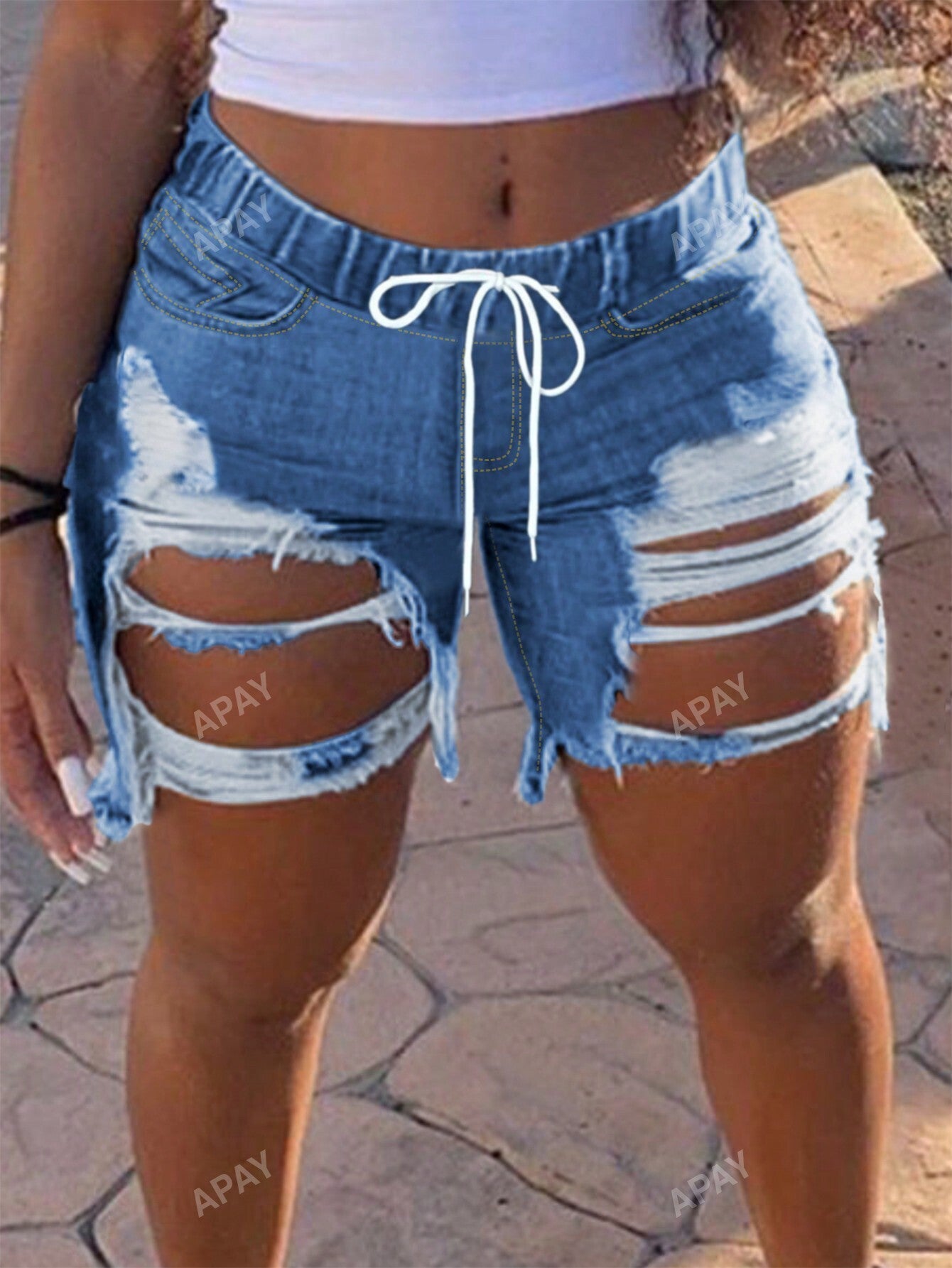 Ripped Elastic Waistband Denim Shorts