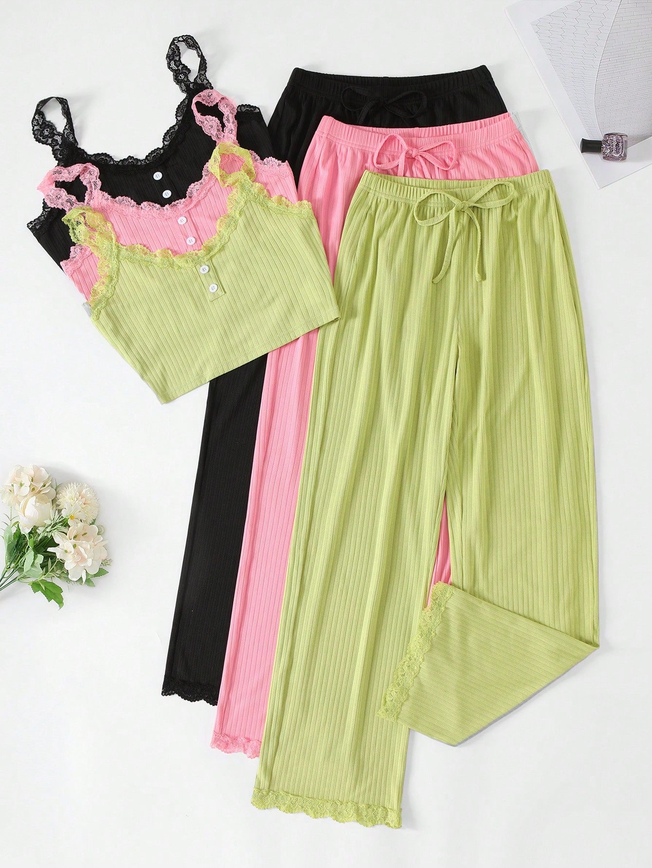 3pcs Women Lace Trim Top And Shorts Pajama Set