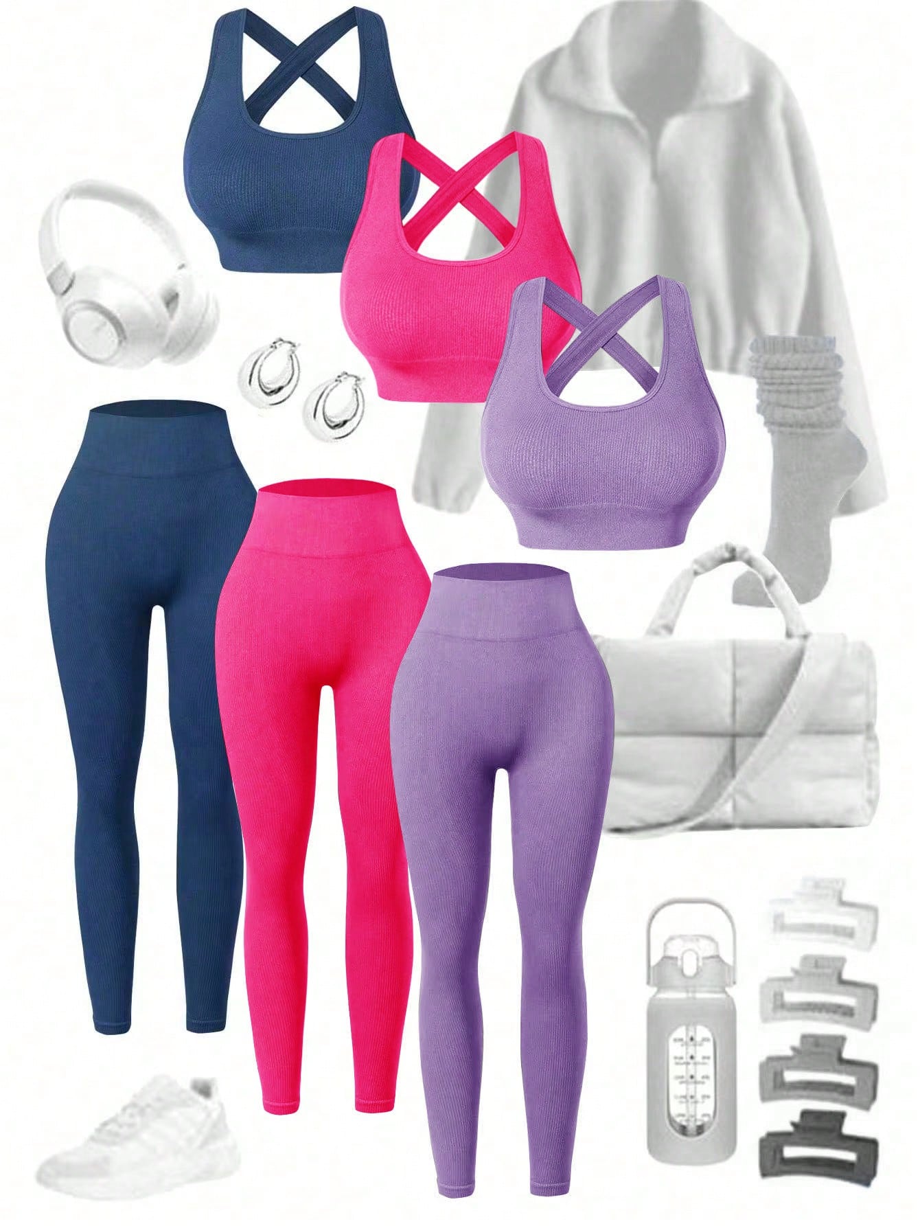 Sport Studio Women's Solid Color Ribbed & Slim Fit Yoga Sportswear Set