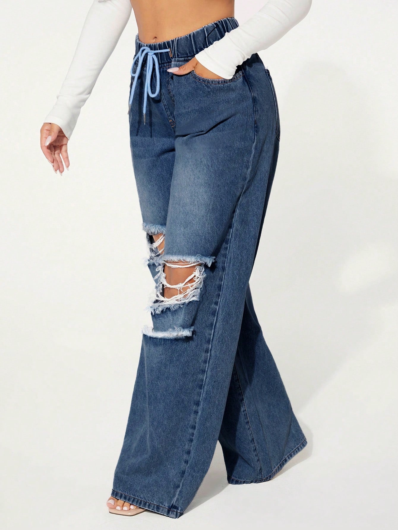 SXY Drawstring Waist Cut Out Ripped Wide Leg Jeans