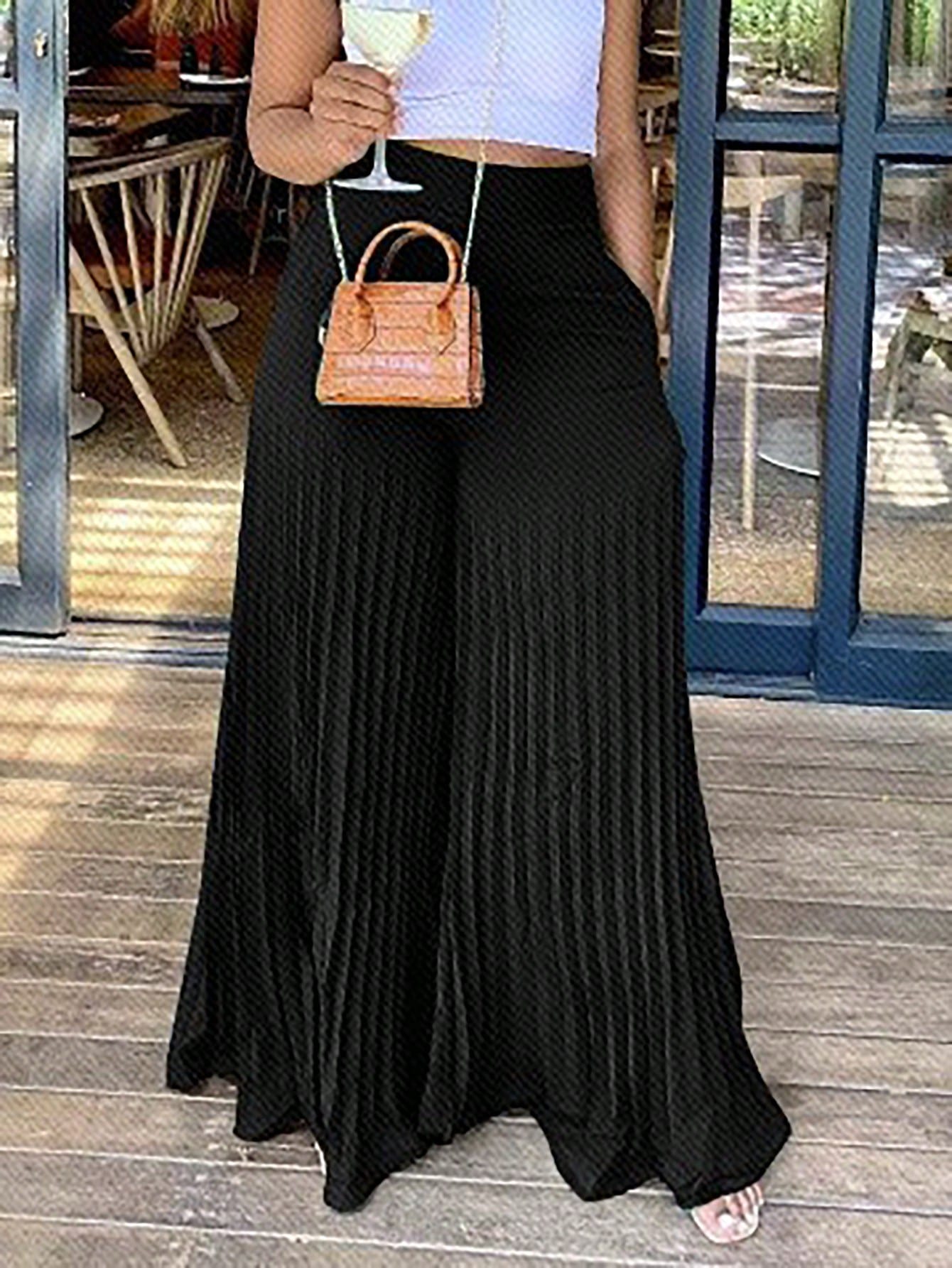 Slayr Elegant Elastic Waist Dark Green Pleated Large-Footed Extra-Long Wide-Leg Pants For Women