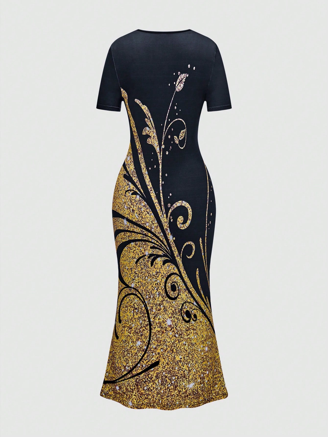 LUNE Plant Print Color Block V-Neck Mermaid Dress Maxi Women Outfit