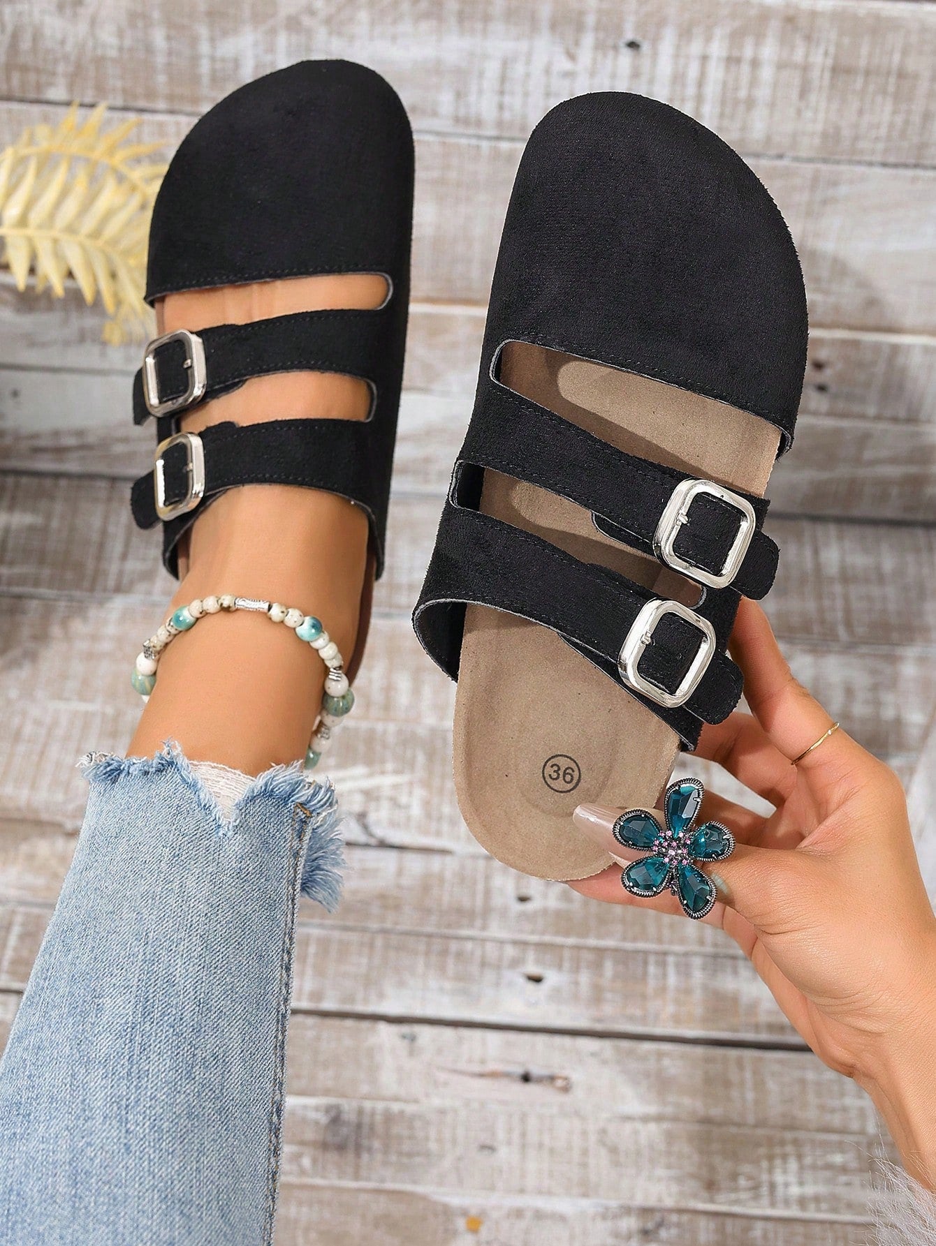 Striped Head Wrap Flat Slide Sandals, Round Toe With Tassel Buckle Closure, Women