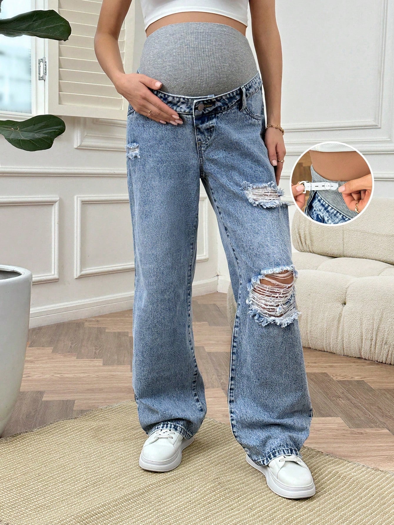 Loose Fit Maternity Knit Denim Wide Leg Jeans With Adjustable Waistband And Distressed Detailing