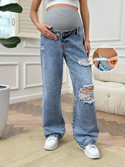 Loose Fit Maternity Knit Denim Wide Leg Jeans With Adjustable Waistband And Distressed Detailing