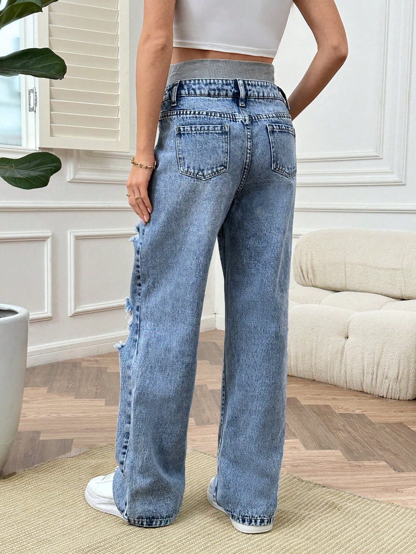 Loose Fit Maternity Knit Denim Wide Leg Jeans With Adjustable Waistband And Distressed Detailing