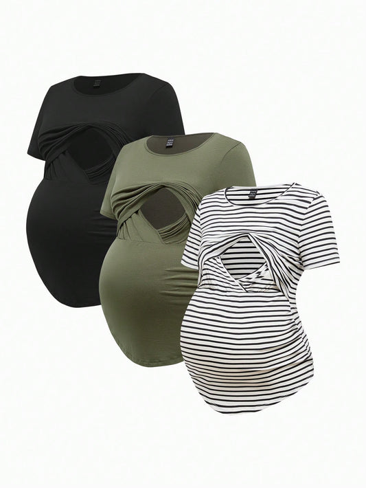 Modmama Maternity Summer Casual Nursing Clothes Round Neck Short Sleeve Slim Fit T-Shirt