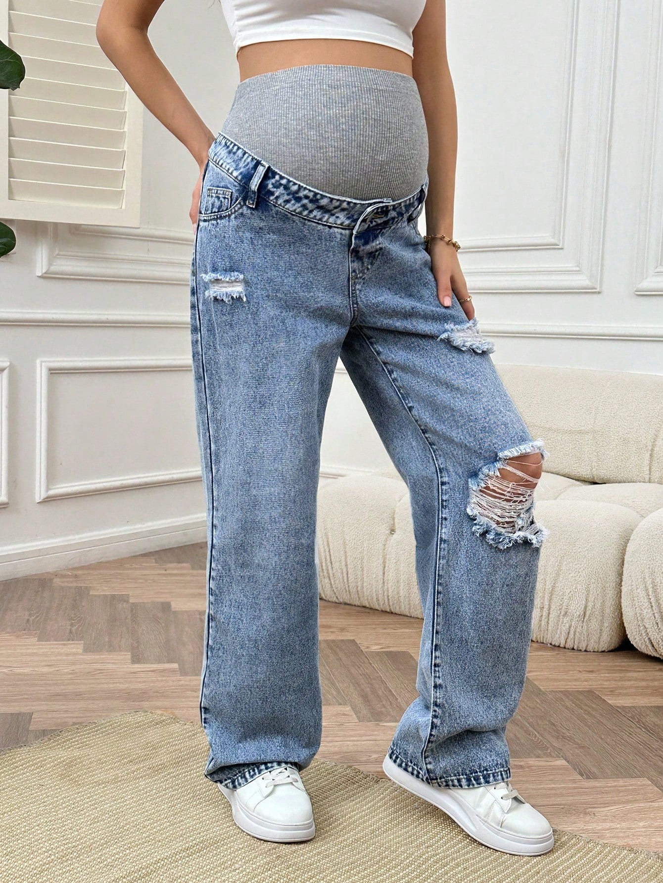 Loose Fit Maternity Knit Denim Wide Leg Jeans With Adjustable Waistband And Distressed Detailing
