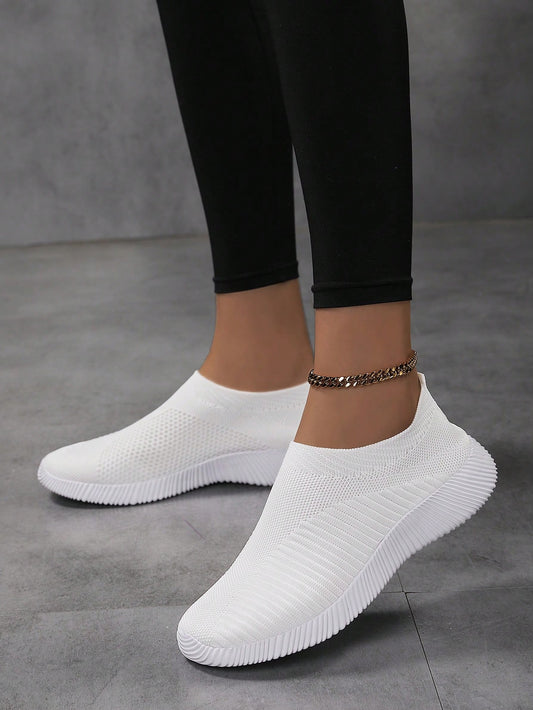 Women's Breathable Knit Casual Flat Loafers, Lightweight & Comfortable Slip-On Shoes, White