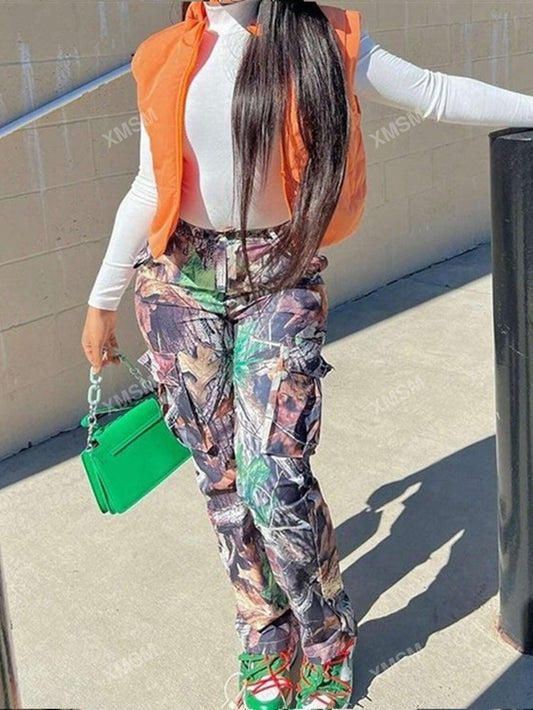 Multi-Color Printed Straight Leg High Waisted Casual Cargo Pants With Pockets
