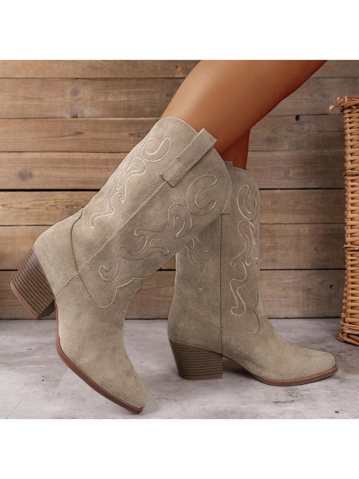 Fashionable Women Embroidered Wedge Heel Western Slip-On Mid-Calf Boots