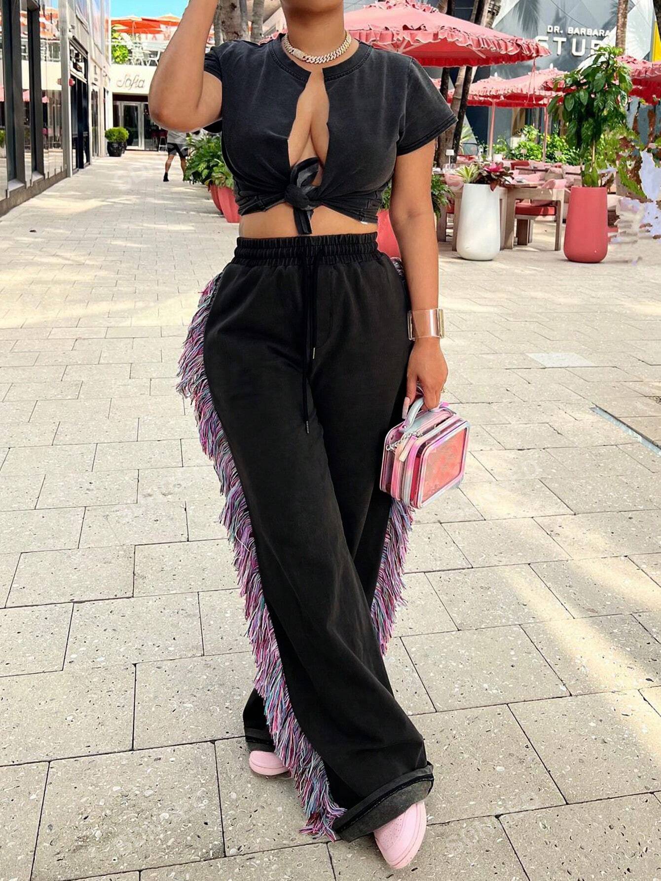 Women's Fashionable Summer Cool Fringe Side Detail Pants