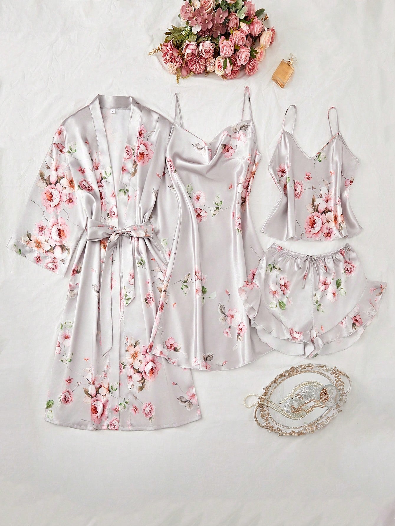 Women's Floral Printed Satin Pajamas Set - 5 Piece Set