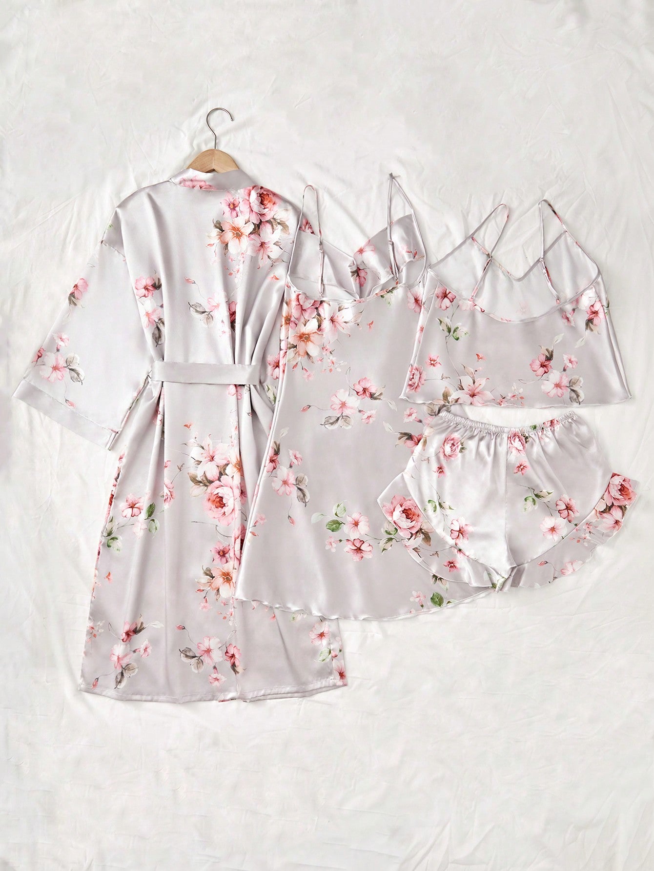 Women's Floral Printed Satin Pajamas Set - 5 Piece Set