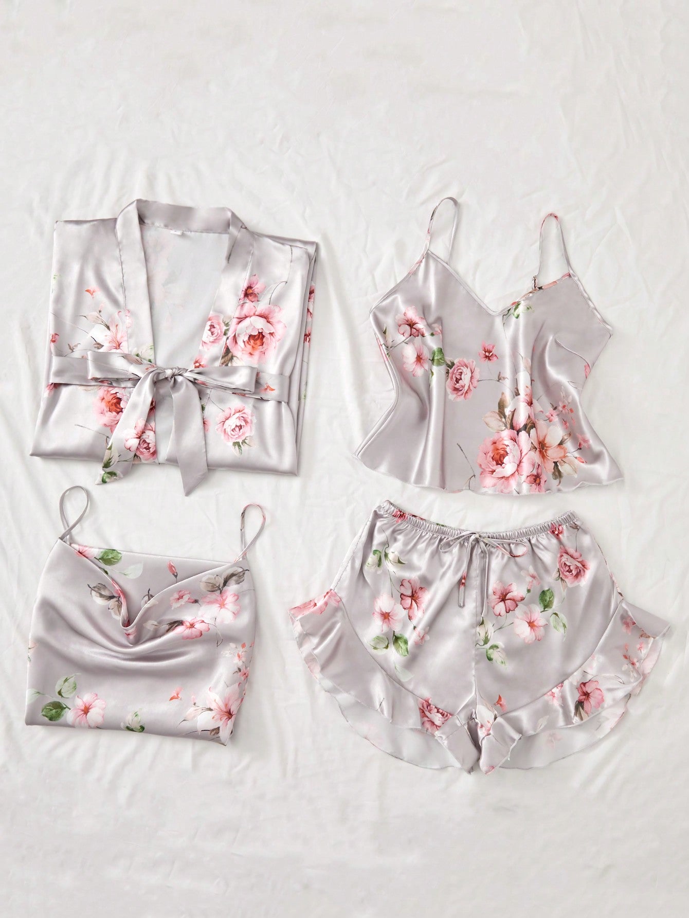 Women's Floral Printed Satin Pajamas Set - 5 Piece Set