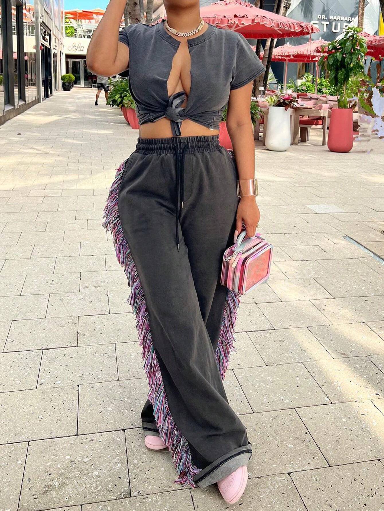 Women's Fashionable Summer Cool Fringe Side Detail Pants