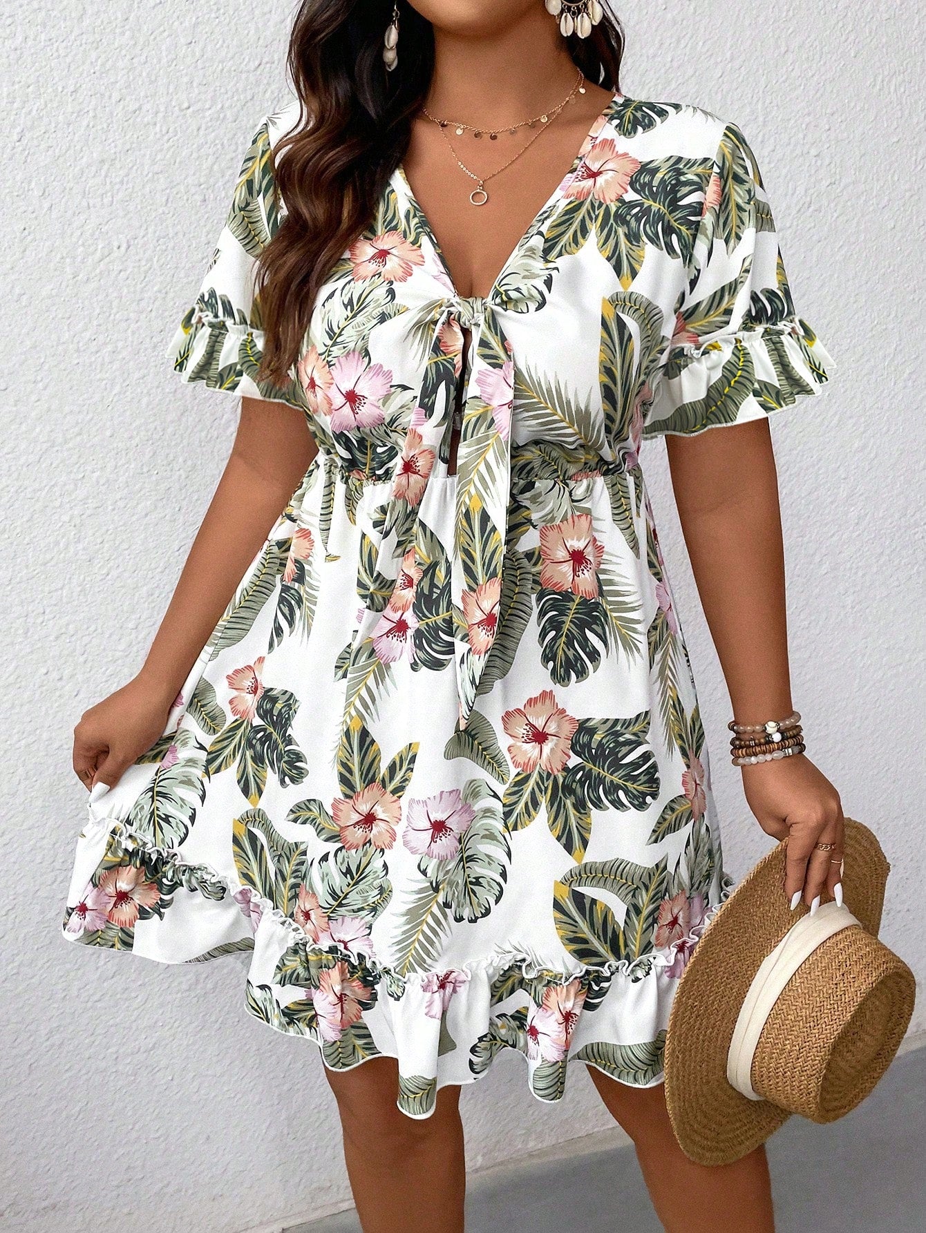 LUNE Plus Size Women's Plant And Floral Print Front Tie Dress, Suitable For Summer