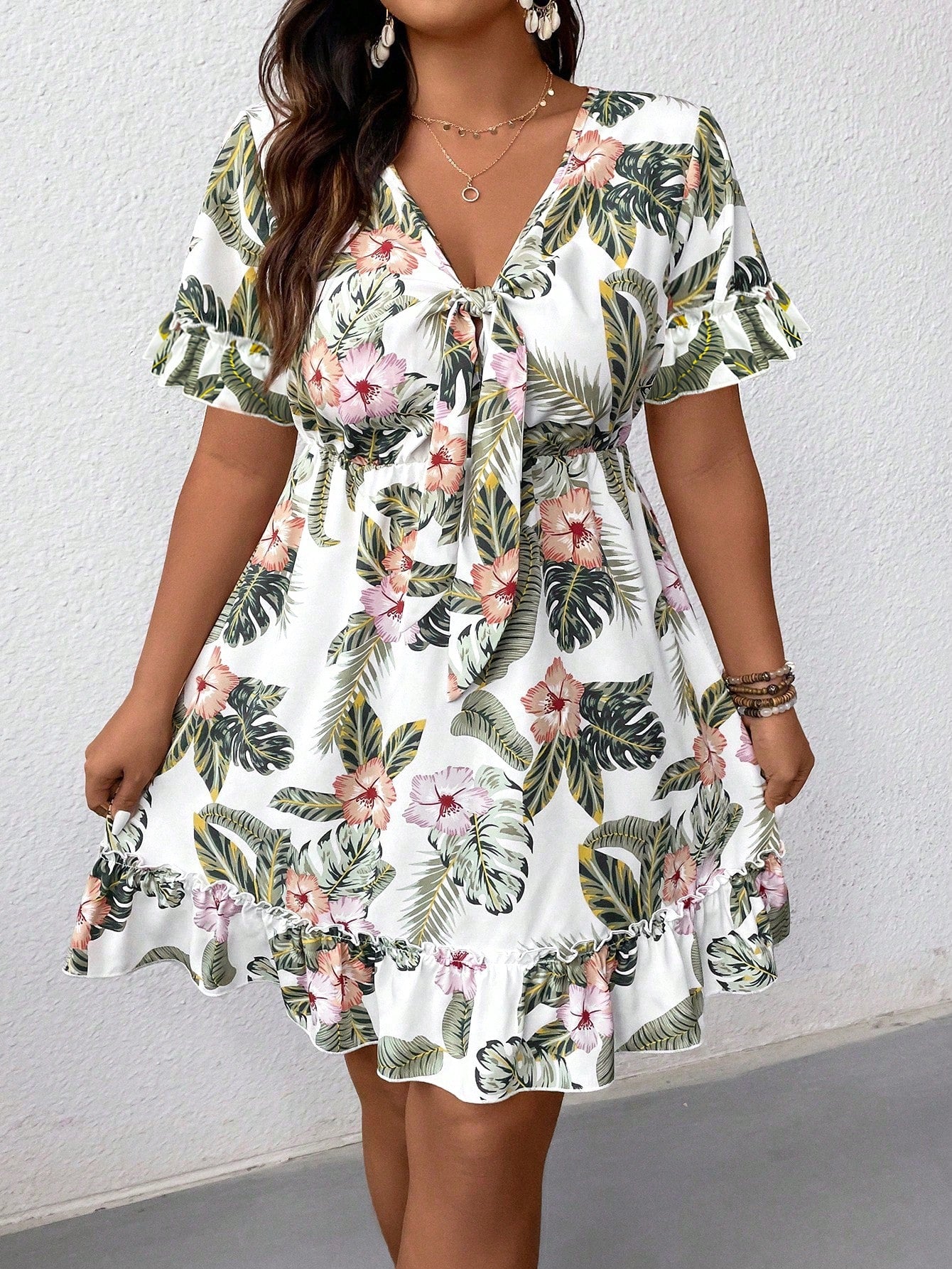 LUNE Plus Size Women's Plant And Floral Print Front Tie Dress, Suitable For Summer